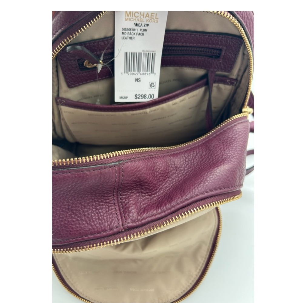 NWT Michael Kors Rhea Zip Backpack Women's Plum Pebbled Leather Gold Hardware - Picture 4 of 4